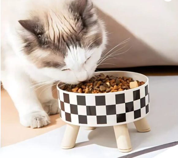 Comedero elevado de 4 patas de madera para gatos con cuenco de acero inoxidable